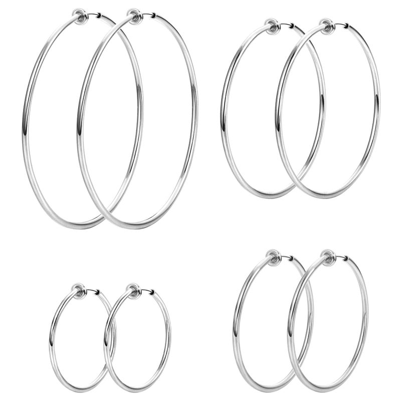 LOYALLOOK 4 Pairs Stainless Steel Clip On Hoop Earrings for Women Fake Hoop Earrings Spring Hoop Earrings For Non-Pierced Ears - Image 1